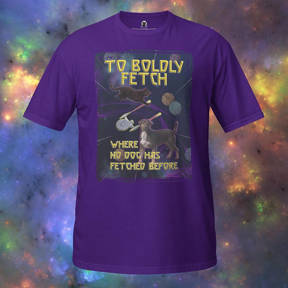 Thumbnail: Sci-fi themed t-shirt design featuring a dog and a cat in space with the text To Boldly Fetch Where No Dog Has Fetched Before