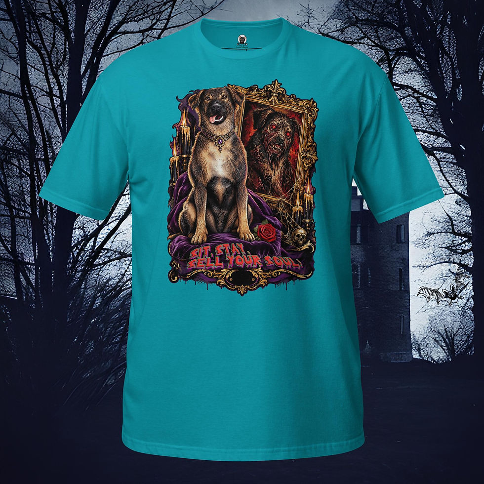 Thumbnail: Sit Stay Sell Your Soul Dorian Gray Dog Funny Gothic Horror Unisex Graphic Tee