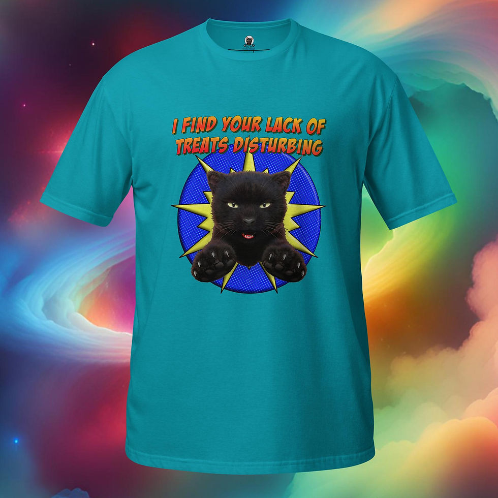 Thumbnail: a black cat bursting through a comic-style starburst with the text “I Find Your Lack of Treats Disturbing” in bold, Lettering