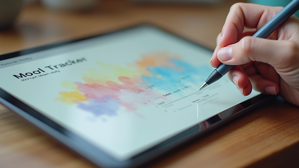Close-up view of a digital tablet displaying a colorful mood tracker in a journaling app
