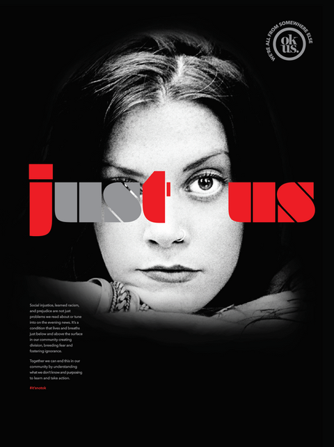 a black and white photo of a woman with the words just us above her