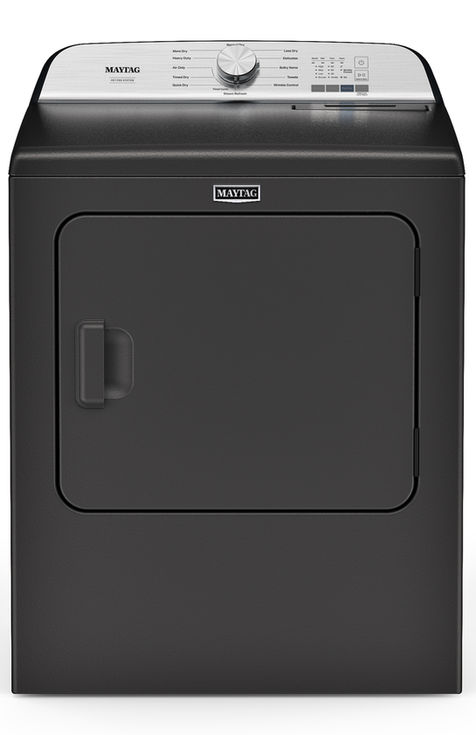 Front view of a black Maytag clothes dryer with a silver control panel on a white background.