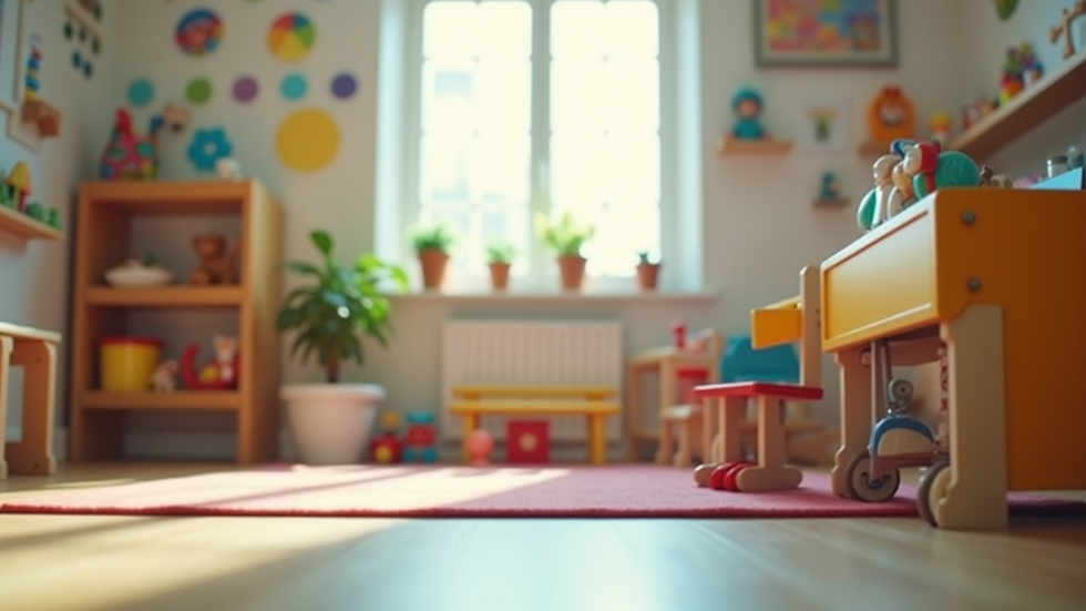 Eye-level view of a bright and colourful childcare playroom with educational toys