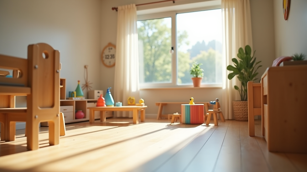 Eye-level view of a modern childcare playroom with natural light