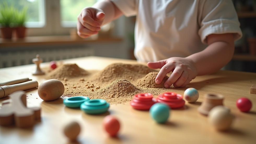 Close-up view of a sensory play table with natural materials and child-friendly tools