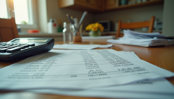 Eye-level view of a cluttered kitchen table with unpaid bills and a calculator