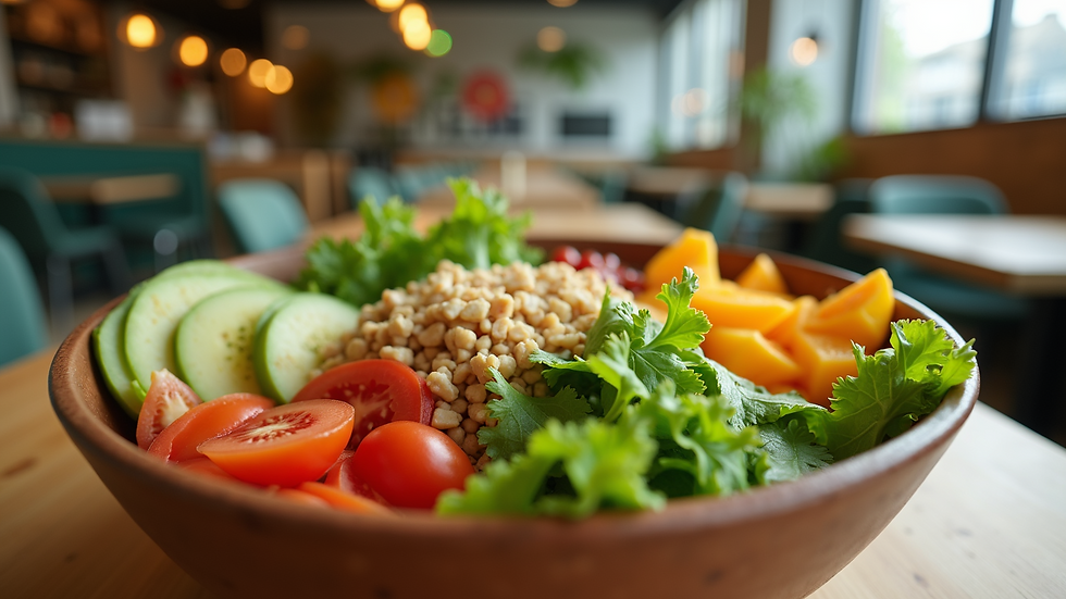 Eye-level view of a colorful salad bowl from Sweetgreen