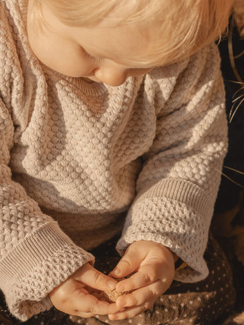 Detailaufnahme kleiner Kinderhände, die Naturmaterial erkunden, Natürliches Familien-Outdoorshooting im Herbst.