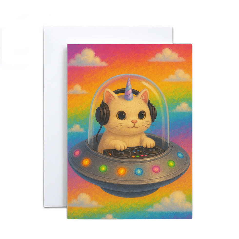 Unicorn cat in space alien cat unicorn flying saucer and dj disc jockey