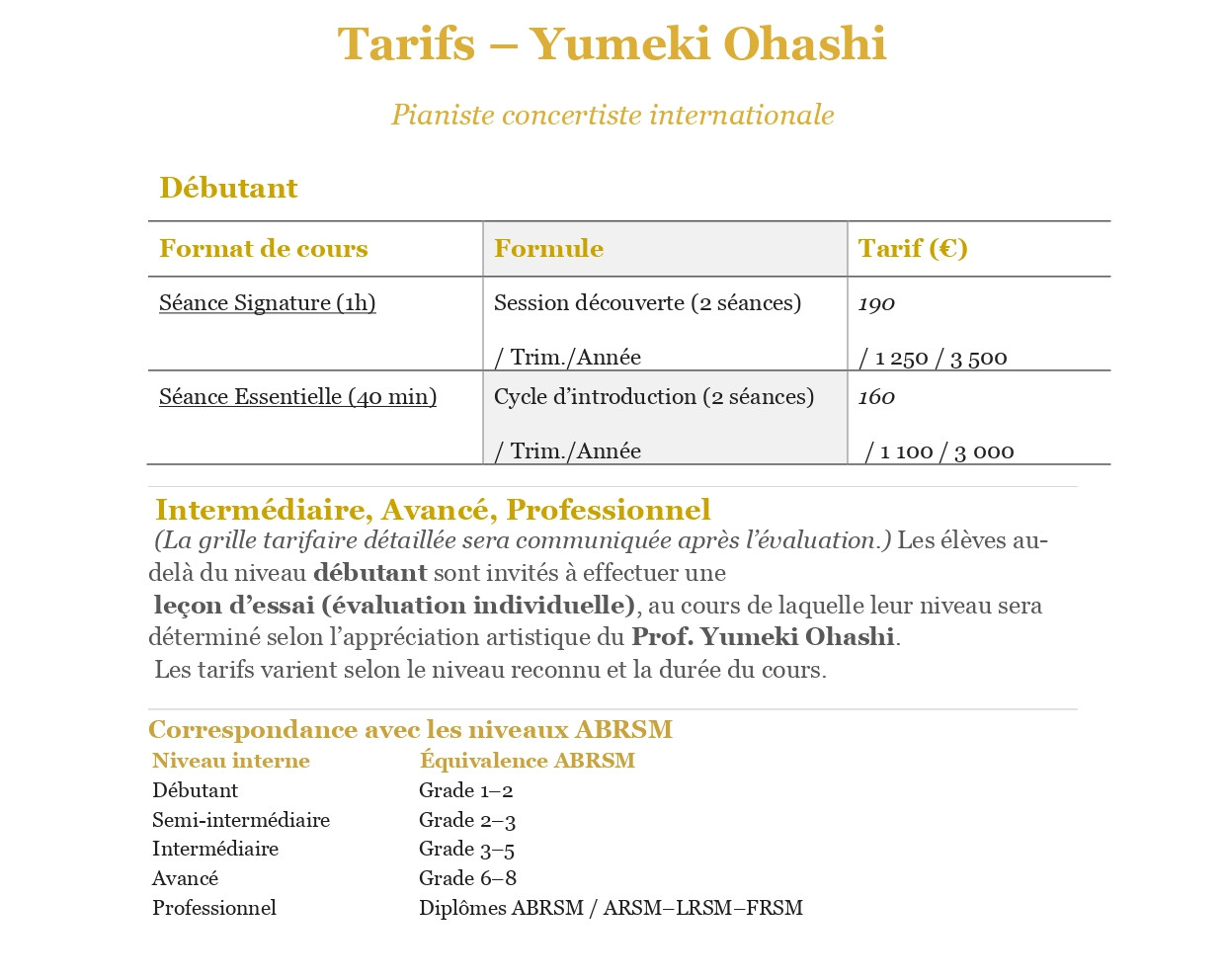 Tarifs des cours de piano débutants à Paris – Yumeki Ohashi