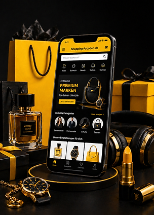 Shopping-Arcaden.de Anzeige mit auffälligem Schwarz-Gelb-Design für Online-Shops und Angebote