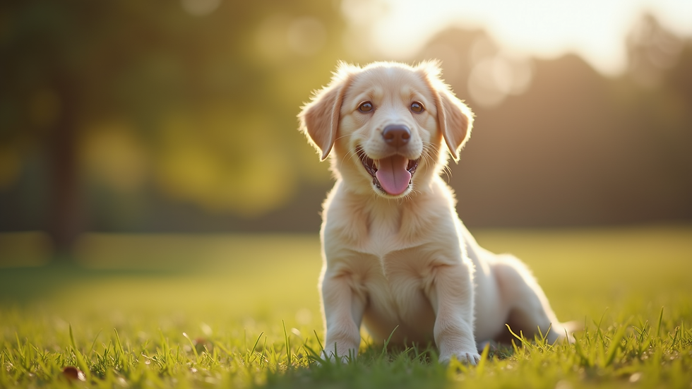 Eye-level view of a happy puppy sitting calmly after training