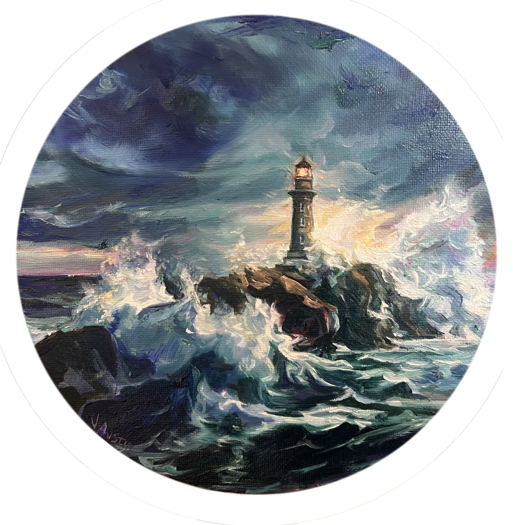 A lighthouse surrounded by crashing waves beneath a stormy sky