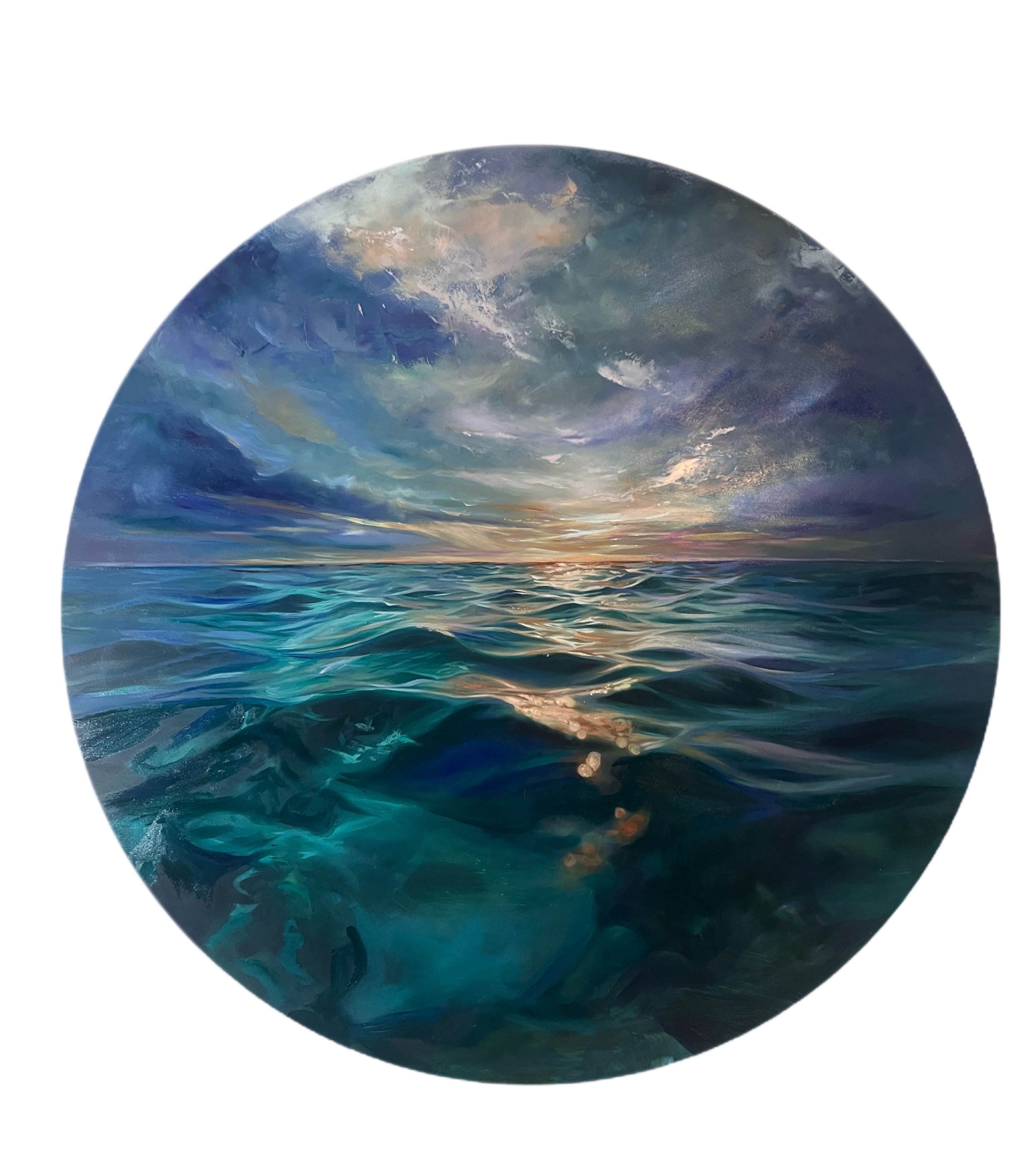 Sundown Shimmers, sunlight across turquoise water beneath a changing sky