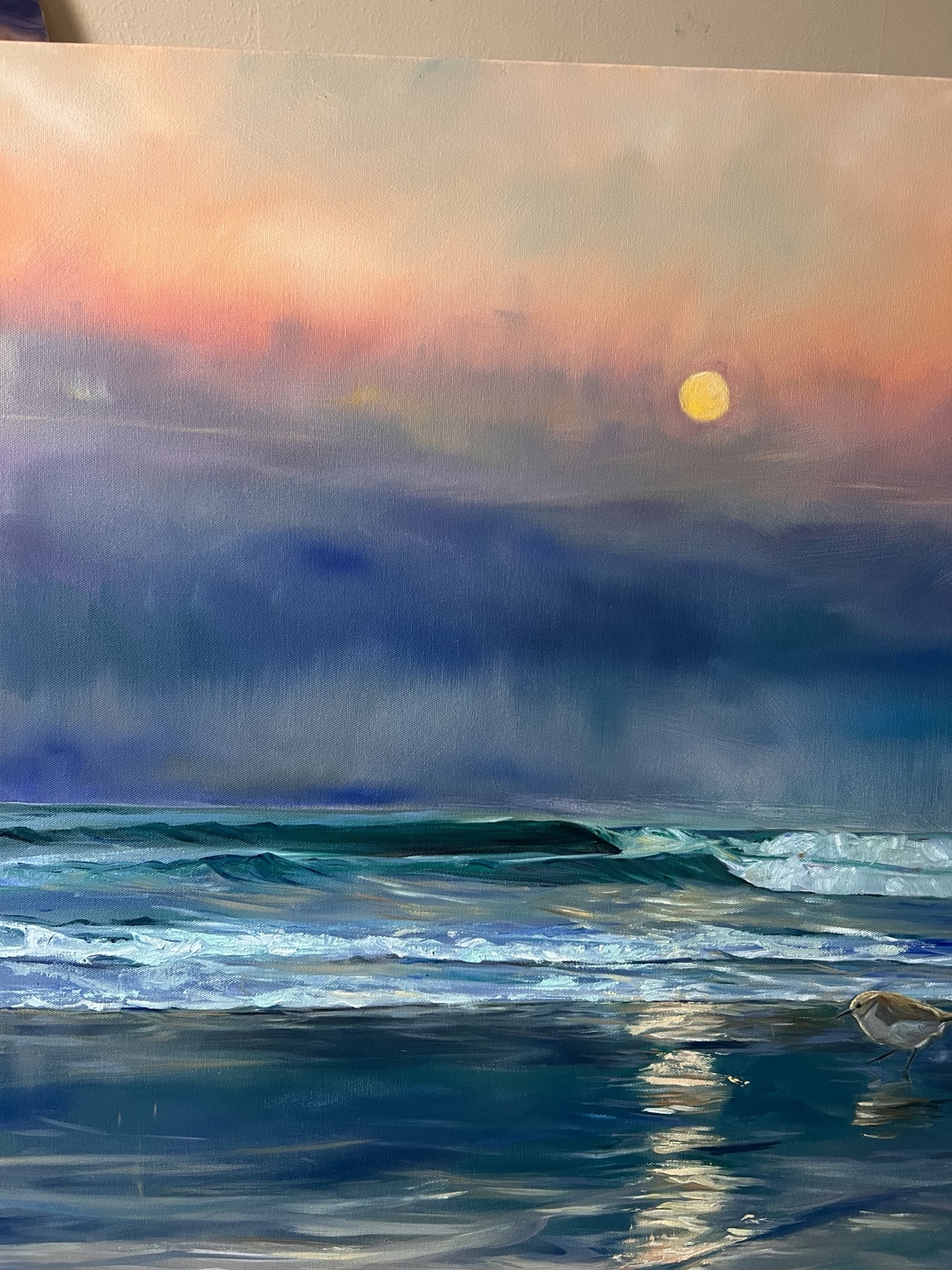 Close-up of the painted light, water and a sanderling in Sanderlings at Sunset