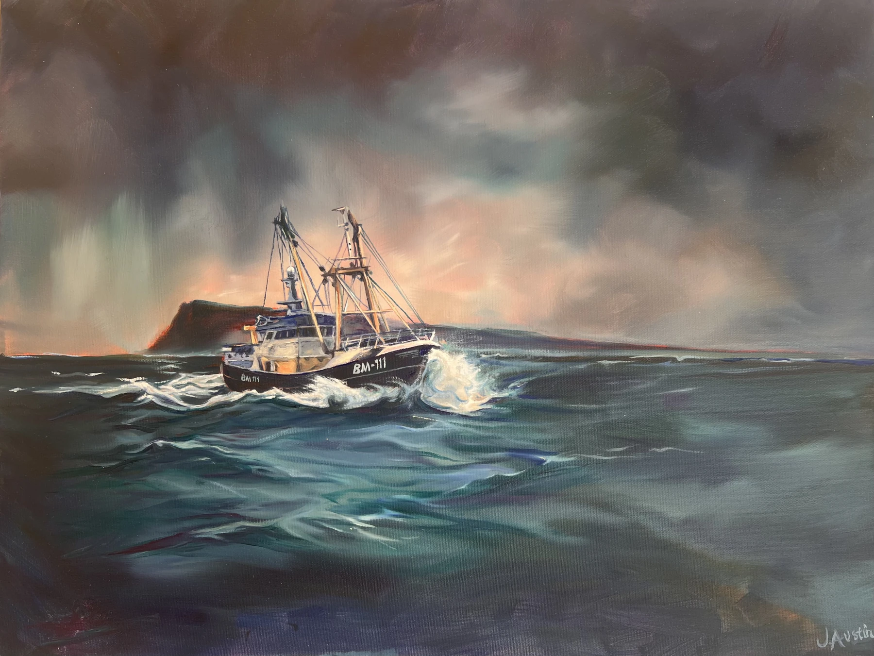 A commissioned oil painting of a fishing boat heading home through blue-green waves beneath a stormy sky