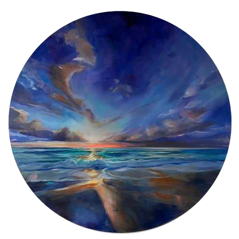 Blue sky and sunset reflected across wet sand, a circular oil painting