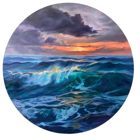 Turquoise breaking waves beneath a dark sky and warm horizon, a circular oil painting
