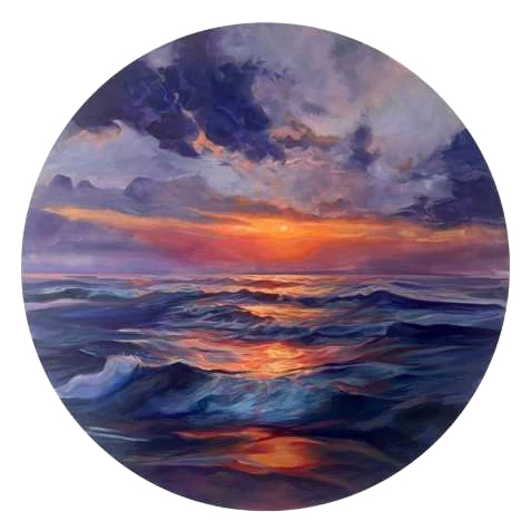 Orange sunset and violet clouds reflected on the sea, a circular oil painting