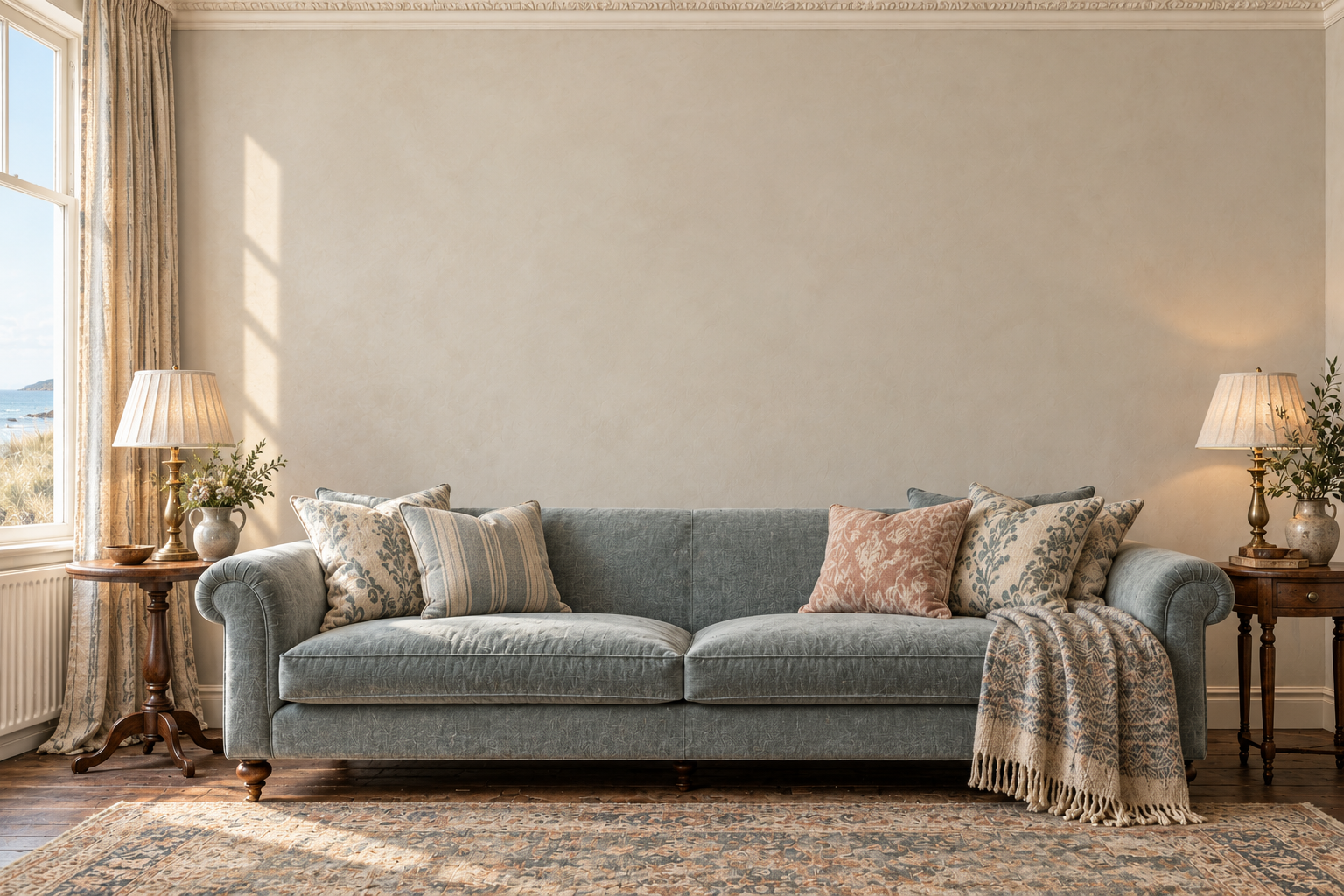 Illustrative coastal country-house room with a blue-grey sofa and warm antique details
