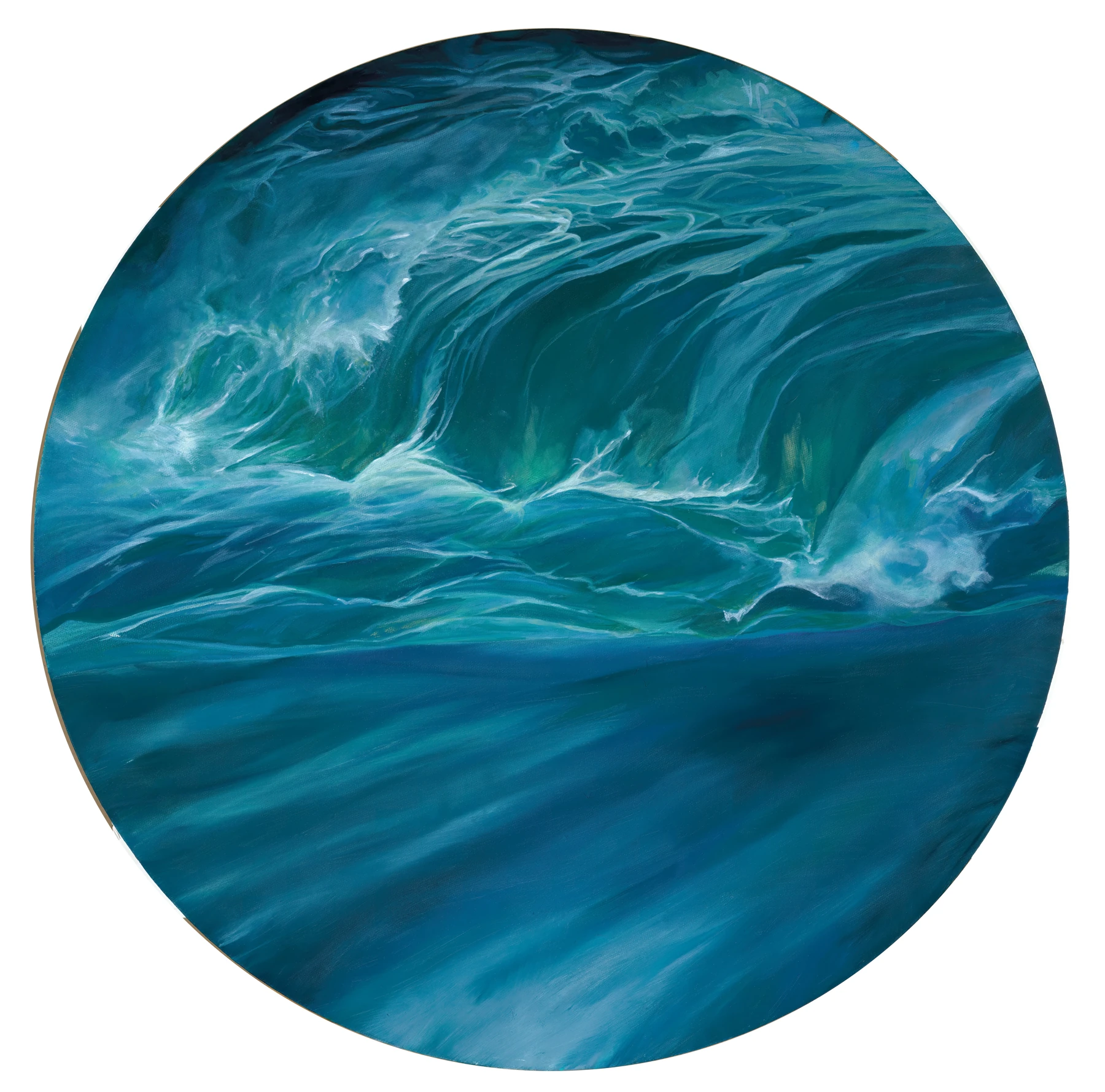 Turquoise light inside a deep blue breaking wave