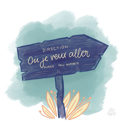 Illustration direction de vie avec panneau "où je veux aller", accompagnement en transition de vie à Bouaye près de Nantes, perte de sens et reconversion