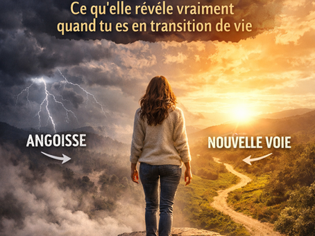 Silhouette d’une femme hésitant entre un paysage sombre et orageux et un chemin baigné de lumière, illustrant l’angoisse et le passage vers une nouvelle étape de vie.