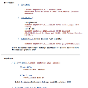 Organisation de la rentrée des élèves 2026