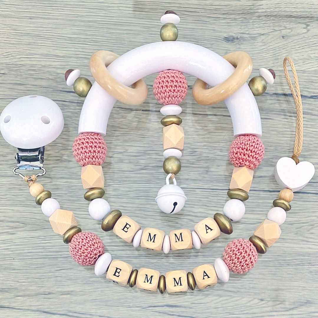 Duo naissance attache tetine et hochet personnalisés
