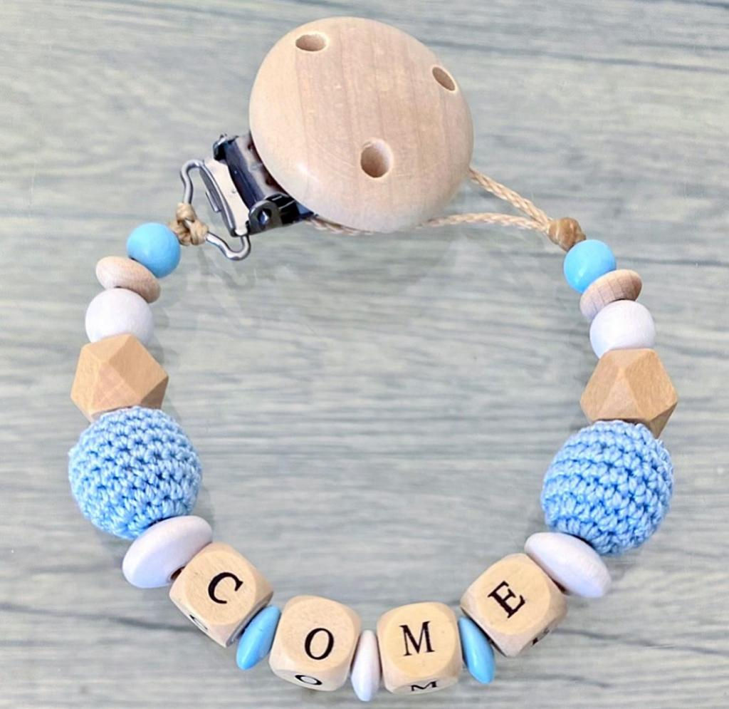 Attache tetine/ doudou bleu pastel, bois, blanc