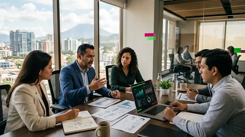 Equipo de negocios en reunión en oficina acristalada, con laptop y gráficas; conversan atentos, ciudad y volcán al fondo.