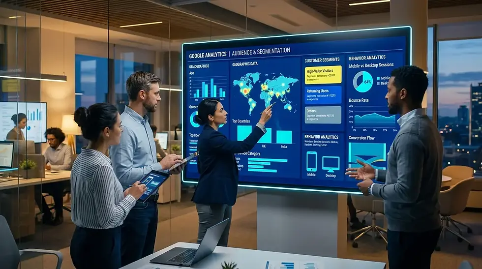 Gente en oficina observando pantalla grande con estadísticas y gráficos de Google Analytics. Ambiente profesional y colaborativo.