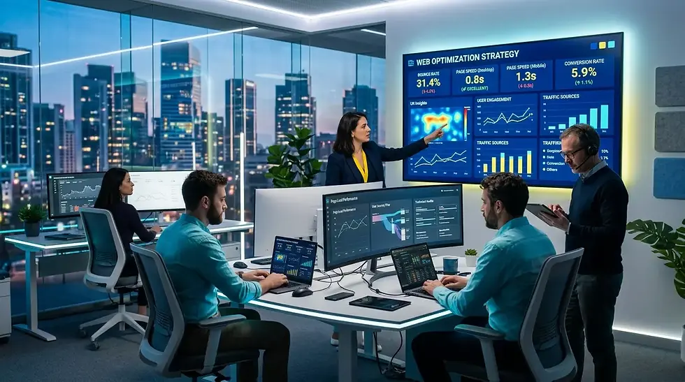 Personas en oficina analizan datos en pantallas. Mujer señala gráfico en pantalla grande de estrategia web. Fondo urbano iluminado al anochecer.