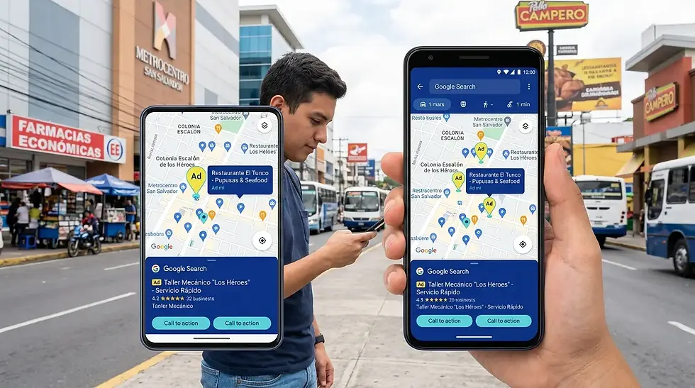 Un hombre en la calle usa un móvil con Google Maps. Al fondo, carteles de Metrocentro y Farmacias Económicas. Cielo despejado.