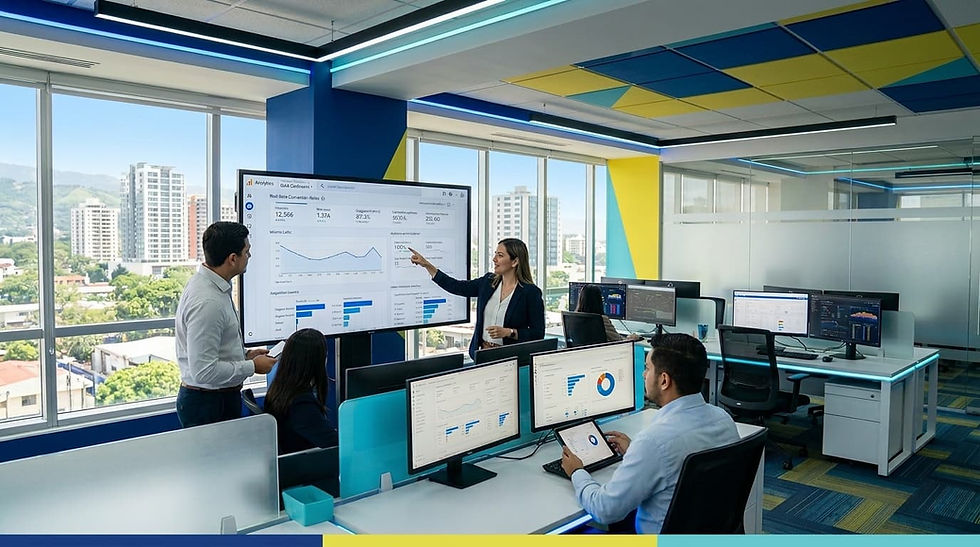 Oficina moderna con ventanas grandes. Personas analizan gráficos en pantallas. Colores azul y amarillo predominan. Ambiente colaborativo.