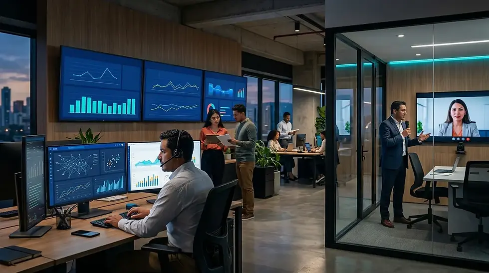 Oficina moderna con analistas frente a monitores de datos y una reunión por videollamada; ambiente corporativo nocturno.