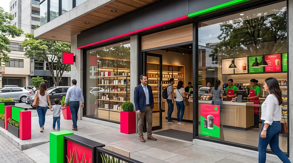 Cafetería moderna en calle urbana, con clientes entrando y pidiendo, baristas en mostrador y letreros rosa y verde.