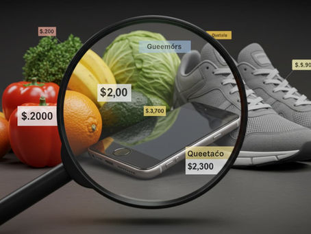 Lupa sobre comida y zapatos en fondo negro, representando un estudio de mercado en Guatemala.