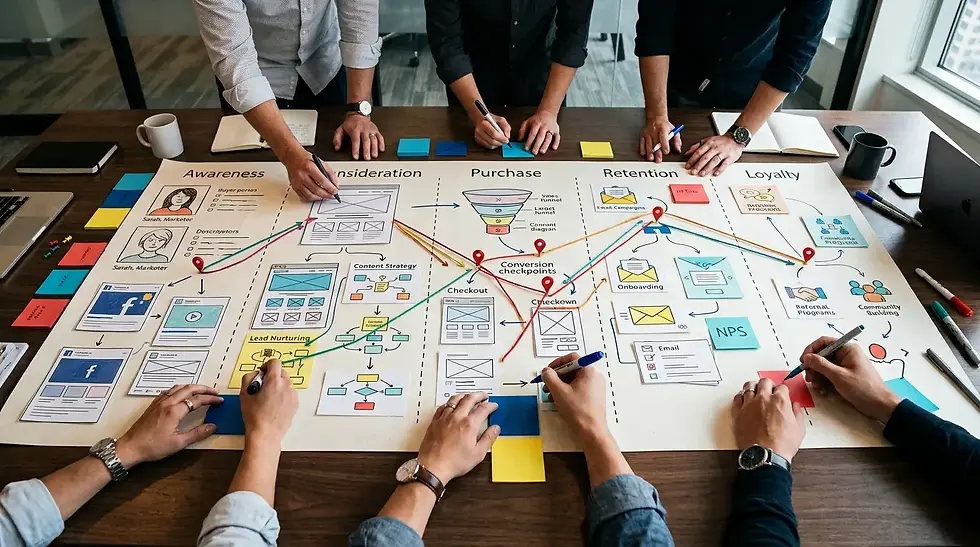 Equipo de oficina traza un mapa de marketing con post-its y flechas sobre la mesa; se leen Awareness, Purchase y Loyalty.