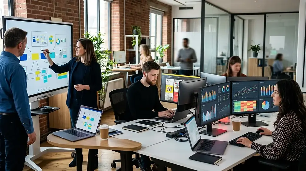 Reunión en oficina moderna: equipo analiza paneles y gráficos en pantallas; una mujer señala un pizarrón digital.