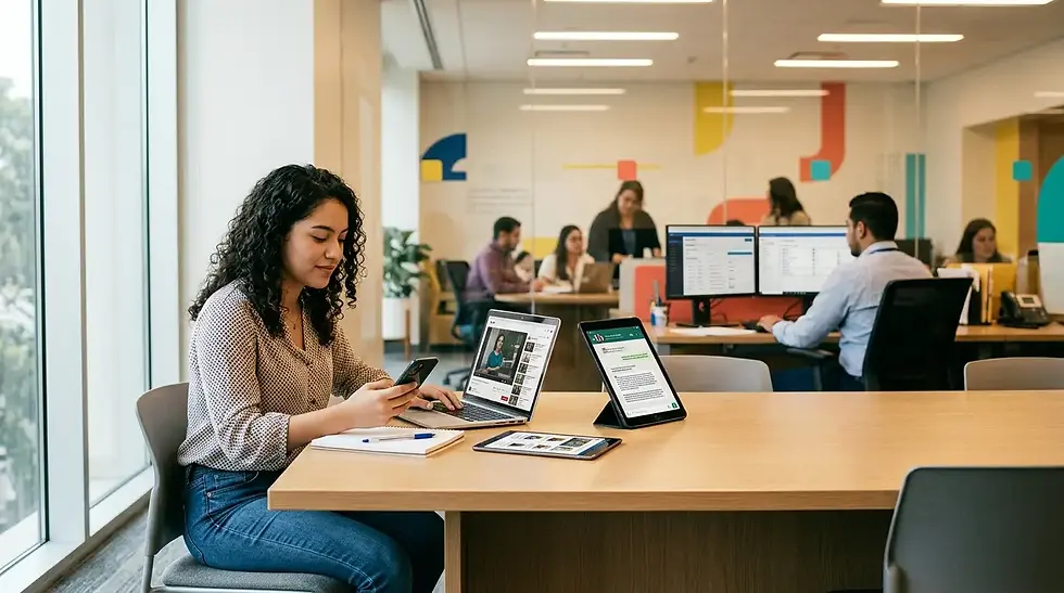 Mujer en oficina moderna revisa el celular junto a laptop y tabletas; colegas trabajan al fondo.