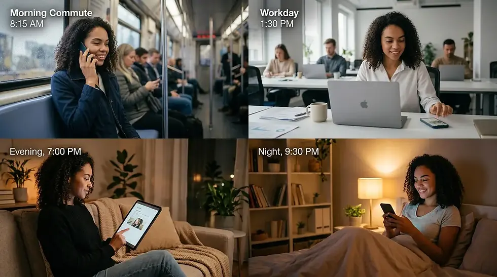 Collage: mujer sonríe en bus, oficina, sala y cama; texto Morning Commute, Workday, Evening y Night con horas.