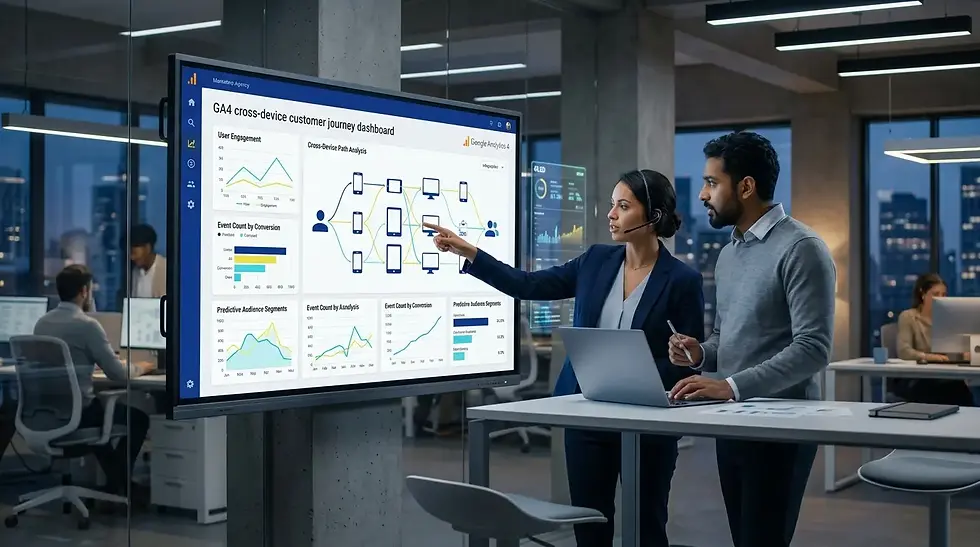 Pareja en oficina moderna observando pantalla con gráficos y texto "GA4 cross-device customer journey dashboard". Ambiente profesional.