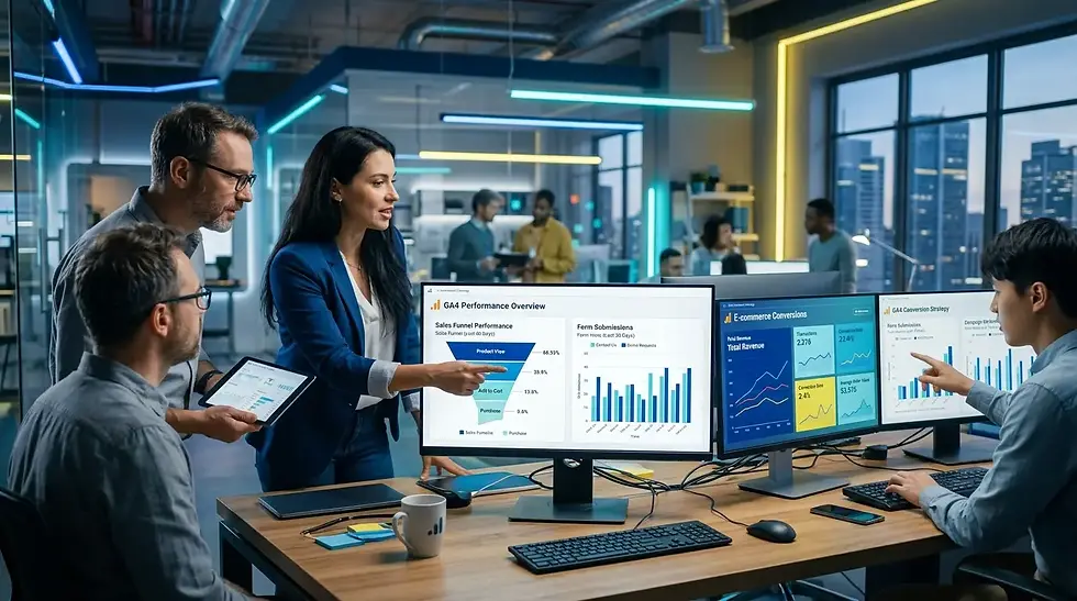 Grupo de personas en oficina colaborando frente a monitores con gráficos y datos. Ambiente moderno y profesional, enfoque en resultados.