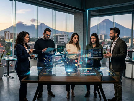 Profesionales de marketing digital colaboran en una oficina de Guatemala, analizando datos y estrategias innovadoras con tecnología avanzada. Al fondo, un paisaje urbano con montañas características del país.
