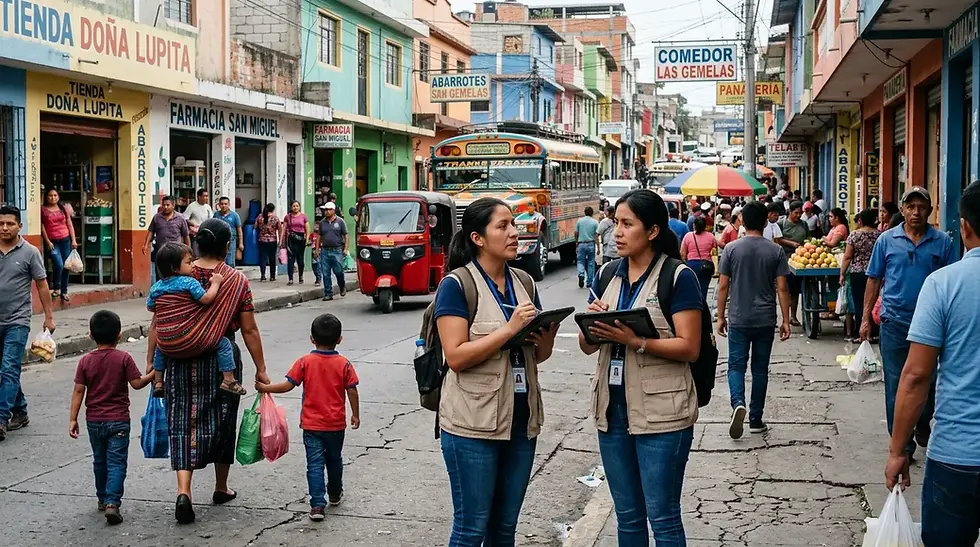 Dos encuestadoras con tabletas caminan por una calle comercial concurrida con tiendas, bus, tuc-tuc y letreros en español.
