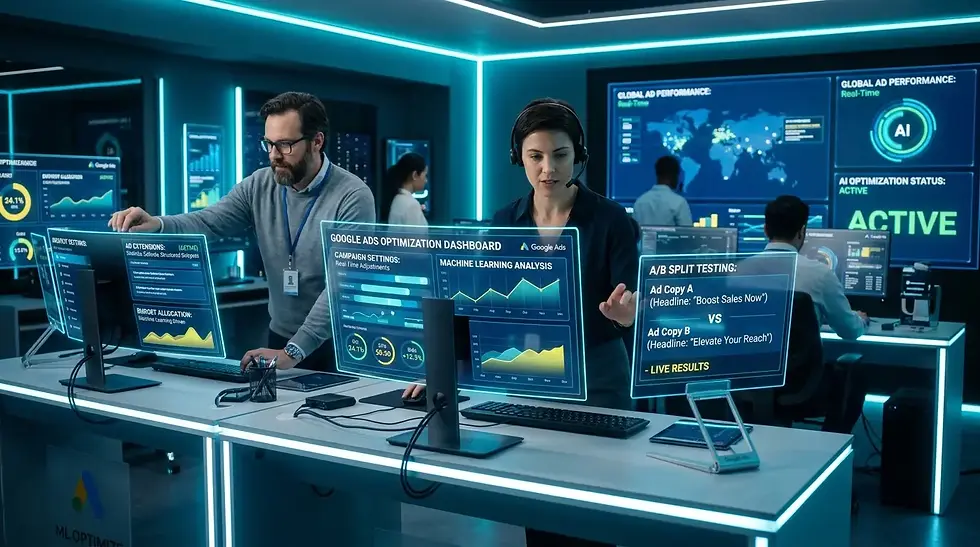 Personas trabajando en una sala de control tecnológica, con pantallas mostrando gráficos de análisis y estadísticas. Iluminación azul futurista.