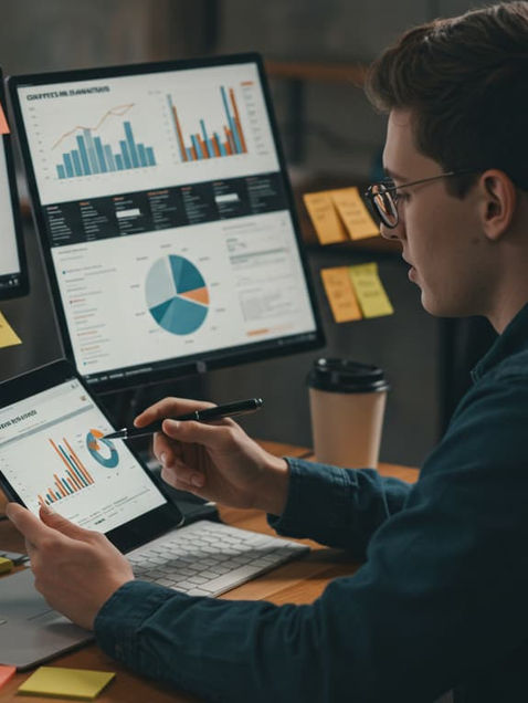 Hombre sentado en un escritorio con múltiples monitores que muestran gráficos, en una agencia de publicidad en Guatemala.