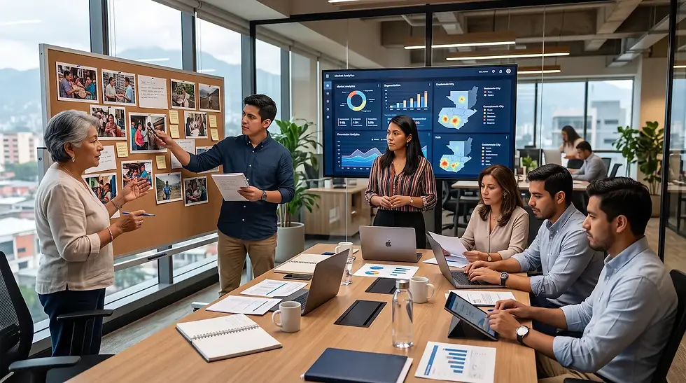 Equipo en sala de juntas analiza fotos y paneles de Market Analytics; una mujer presenta y otros toman notas.