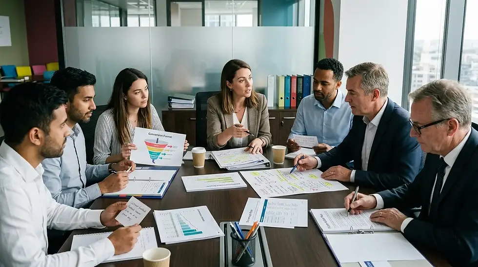 Reunión estratégica entre marketing y ventas para optimizar resultados digitales.
